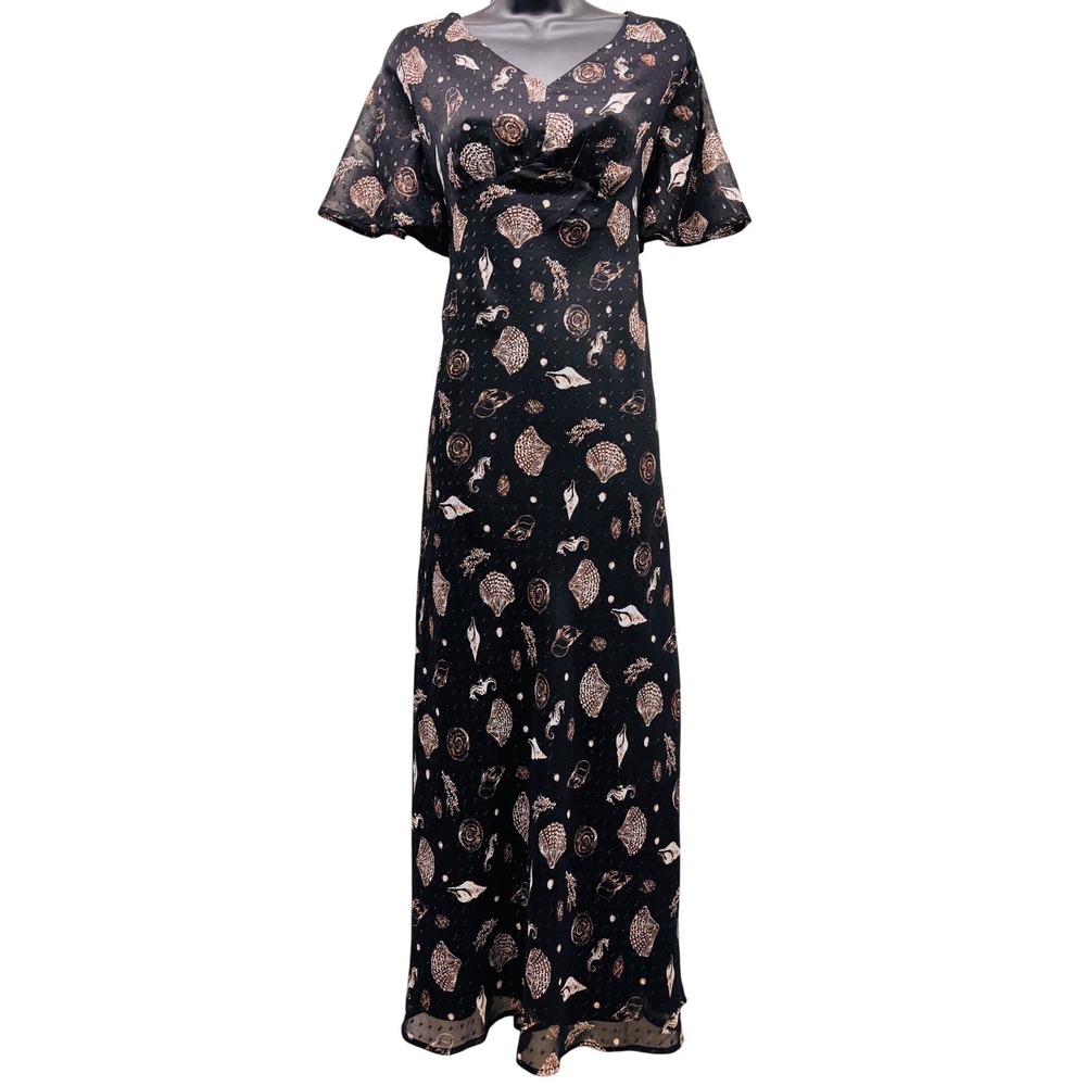 NWT Loft Women 14 Black Seashell Seahorse Metallic Clip Dot Midi Dress 36733224